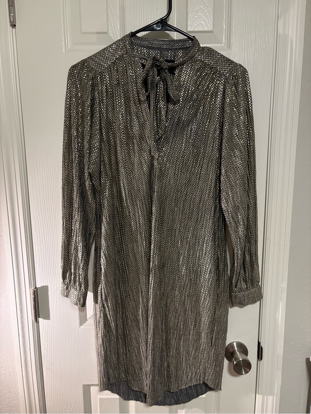 Sabina Musayev from Anthropologie Metallic Silver Long‑Sleeve Tie‑Neck Dress